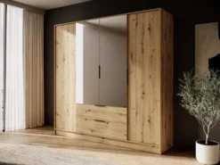 Szafa czterodrzwiowa Kelly z lustrem i dwiema szufladami 206 cm dąb artisan