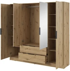 Szafa czterodrzwiowa Kelly z lustrem i dwiema szufladami 206 cm dąb artisan