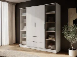 Szafa czterodrzwiowa Kelly z witrynami i dwiema szufladami 206 cm szarobeżowa
