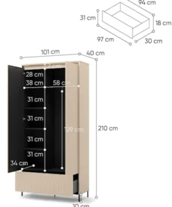 Szafa dwudrzwiowa Trend z szufladą i oświetleniem 101 cm ryflowane fronty beż piaskowy / czarny