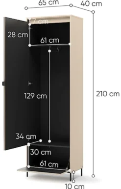 Szafa jednodrzwiowa Trend z lustrem i oświetleniem 65 cm ryflowany front beż piaskowy / czarny