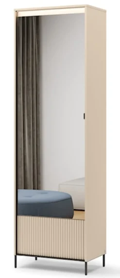 Szafa jednodrzwiowa Trend z lustrem i oświetleniem 65 cm ryflowany front beż piaskowy / czarny