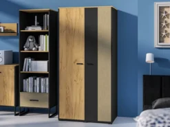Szafa młodzieżowa dwudrzwiowa Colt z drążkami i półkami 90 cm dąb craft/czarny/stal