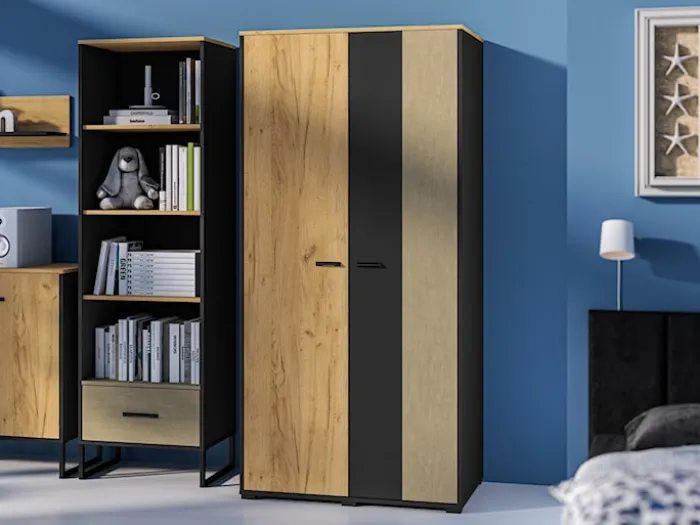 Szafa młodzieżowa dwudrzwiowa Colt z drążkami i półkami 90 cm dąb craft/czarny/stal