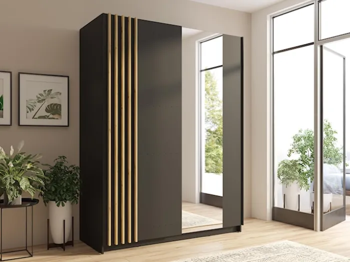 Szafa przesuwna Tollino z lustrem, półkami i drążkiem 150 cm Czarna/Dąb artisan lamele