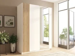 Szafa przesuwna Tollino z lustrem, półkami i drążkiem 150 cm Biała/Dąb artisan lamele