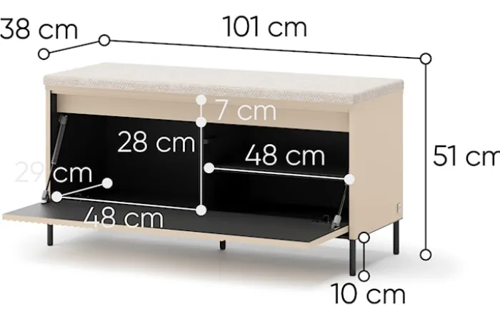 Szafka na buty Trend z siedziskiem i oświetleniem 101 cm ryflowany front beż piaskowy / czarny