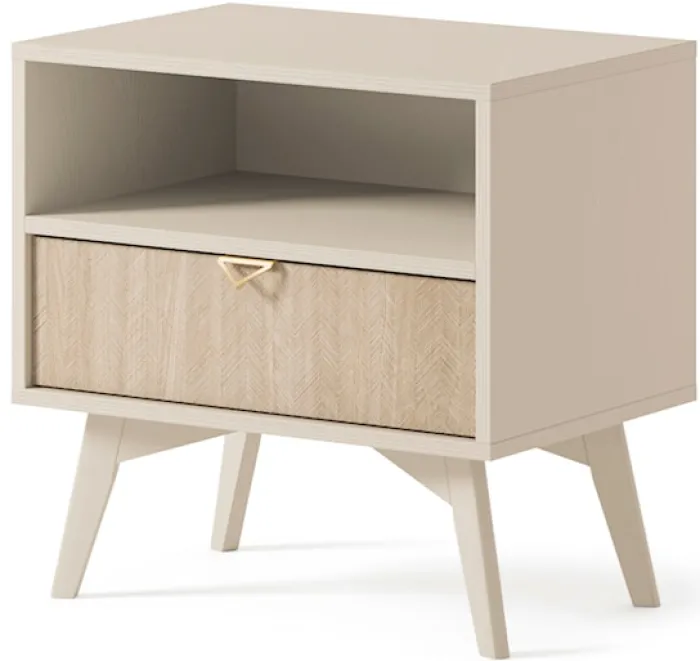 Szafka nocna Favoria z szufladą 54 cm beżowa/jodełka scandi ze złotym uchwytem