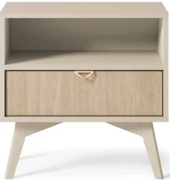 Szafka nocna Favoria z szufladą 54 cm beżowa/jodełka scandi ze złotym uchwytem