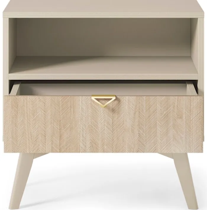 Szafka nocna Favoria z szufladą 54 cm beżowa/jodełka scandi ze złotym uchwytem