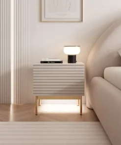 Szafka nocna Linearis z uchylnym schowkiem i oświetleniem LED 46 cm kaszmir na złotych nóżkach