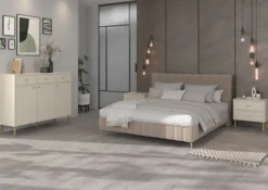 Szafka nocna Oktio z dwiema szufladami 52 cm beż piaskowy na złotych nogach