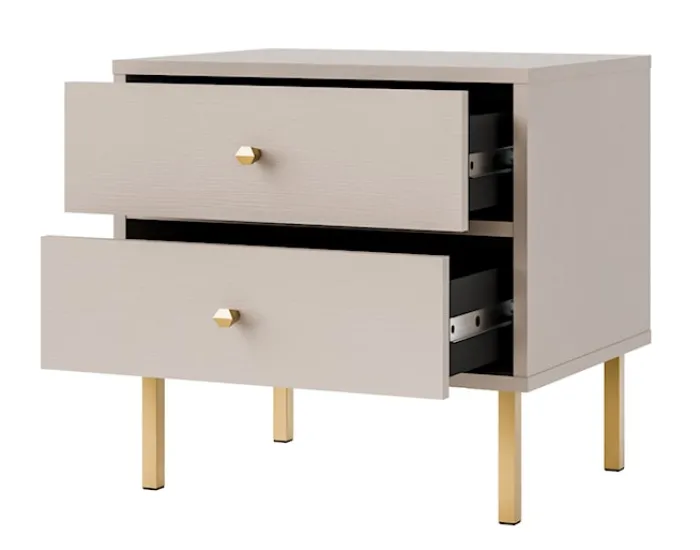 Szafka nocna Oktio z dwiema szufladami 52 cm beż piaskowy na złotych nogach