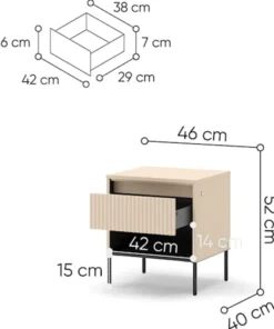 Szafka nocna Trend z szufladą i oświetleniem 46 cm ryflowany front beż piaskowy / czarny