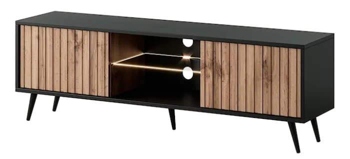 Szafka RTV Bello z lamelowymi frontami 135 cm czarna/dąb wotan z led