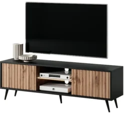 Szafka RTV Bello z lamelowymi frontami 135 cm czarna/dąb wotan z led