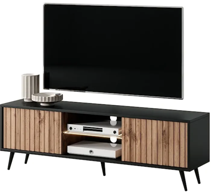 Szafka RTV Bello z lamelowymi frontami 135 cm czarna/dąb wotan z led