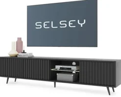 Szafka RTV Bello z lamelowymi frontami 175 cm czarna z led z czarnymi nogami