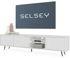 Szafka RTV Bello z lamelowymi frontami 175 cm biała z led z czarnymi nogami
