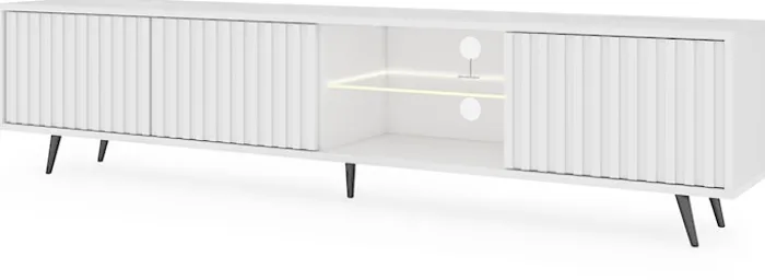 Szafka RTV Bello z lamelowymi frontami 175 cm biała z led z czarnymi nogami