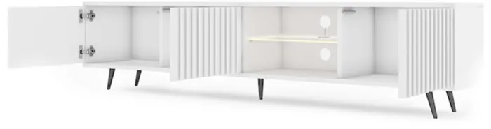 Szafka RTV Bello z lamelowymi frontami 175 cm biała z led z czarnymi nogami