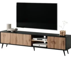 Szafka RTV Bello z lamelowymi frontami 175 cm czarna/dąb wotan z led