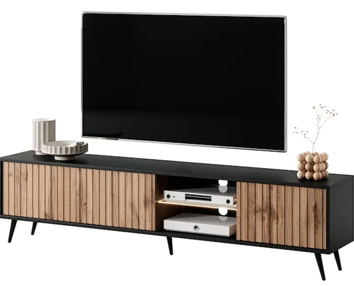 Szafka RTV Bello z lamelowymi frontami 175 cm czarna/dąb wotan z led