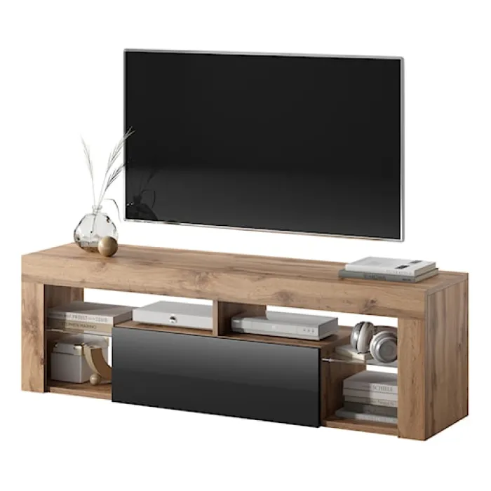 Szafka RTV Bianko 140 cm Dąb lancelot / Czarny połysk