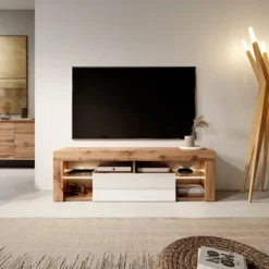 Szafka RTV Bianko 140 cm Dąb lancelot / Biały połysk z oświetleniem