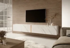 Szafka RTV Bisira 200 cm biały marmur ze złotą wstawką