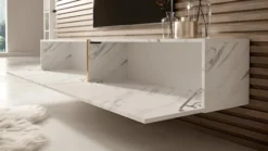 Szafka RTV Bisira 200 cm biały marmur ze złotą wstawką
