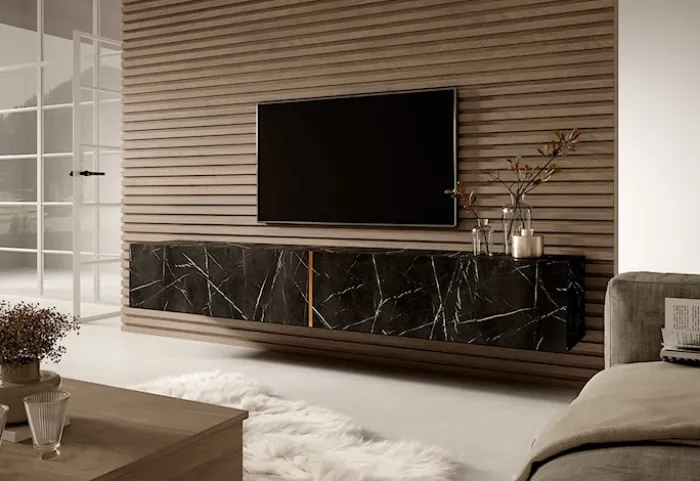 Szafka RTV Bisira 200 cm czarny marmur ze złotą wstawką