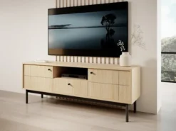 Szafka RTV dwudrzwiowa Japandies z szufladą i wnęką 153 cm Dąb linea