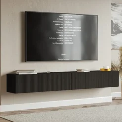 Szafka RTV dwudrzwiowa Veldio wisząca z ryflowanym frontem 200 cm czarna