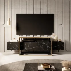 Szafka RTV Excelsum 160 cm czarny marmur z zamykaną półką