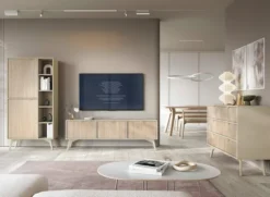 Szafka RTV Favoria 158 cm beżowa/jodełka scandi ze złotymi uchwytami