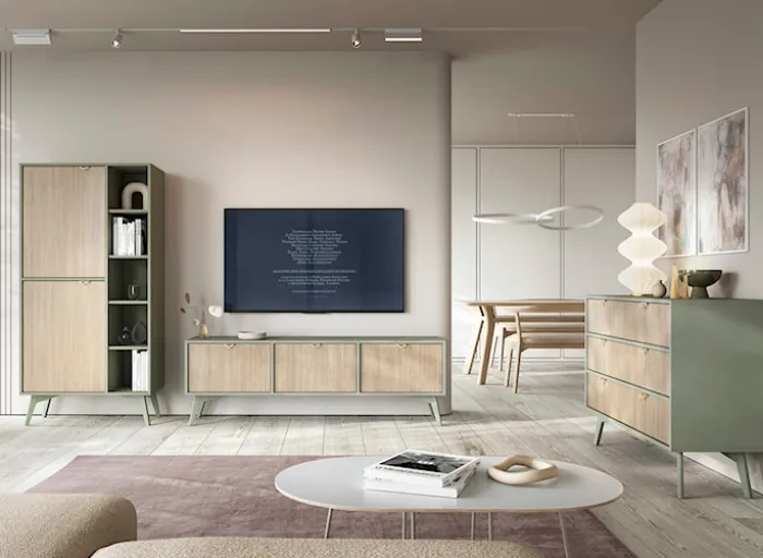 Szafka RTV Favoria 158 cm eukaliptus/jodełka scandi ze złotymi uchwytami