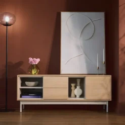 Szafka RTV jednodrzwiowa Layen z dwiema szufladami i trzema wnękami 138 cm dąb lindberg/kaszmir