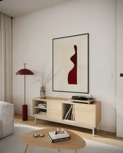 Szafka RTV jednodrzwiowa Layen z dwiema szufladami i trzema wnękami 138 cm dąb lindberg/kaszmir