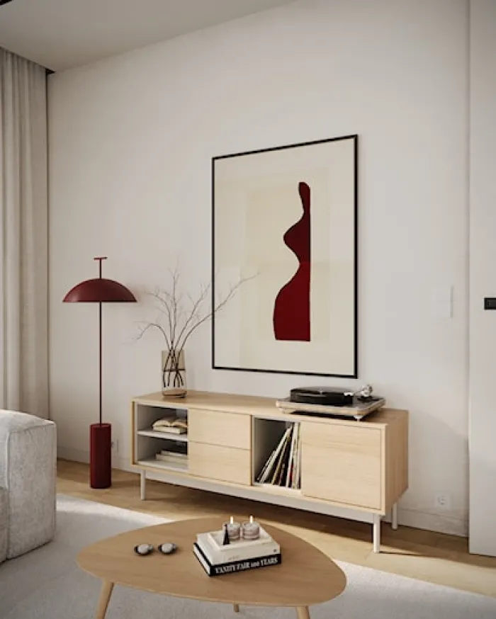Szafka RTV jednodrzwiowa Layen z dwiema szufladami i trzema wnękami 138 cm dąb lindberg/kaszmir