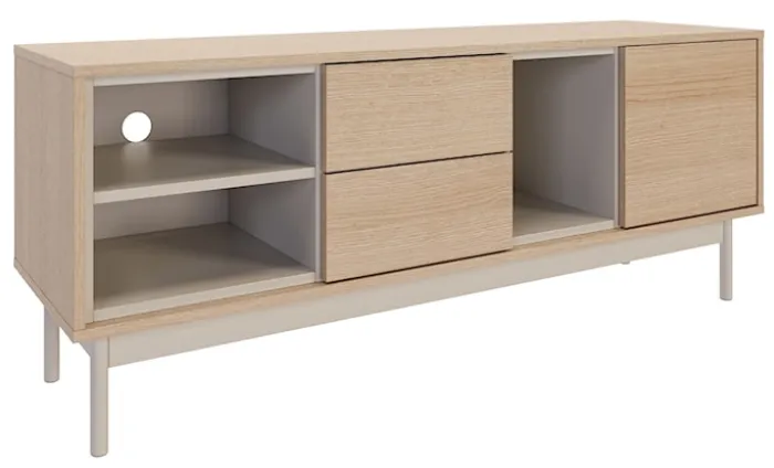 Szafka RTV jednodrzwiowa Layen z dwiema szufladami i trzema wnękami 138 cm dąb lindberg/kaszmir