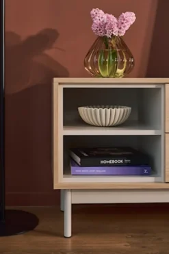 Szafka RTV jednodrzwiowa Layen z dwiema szufladami i trzema wnękami 138 cm dąb lindberg/kaszmir