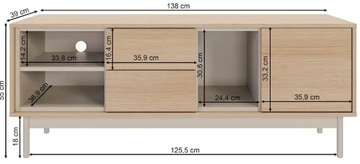 Szafka RTV jednodrzwiowa Layen z dwiema szufladami i trzema wnękami 138 cm dąb lindberg/kaszmir