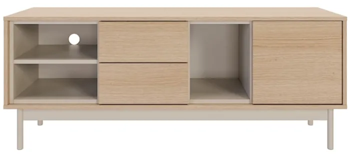 Szafka RTV jednodrzwiowa Layen z dwiema szufladami i trzema wnękami 138 cm dąb lindberg/kaszmir