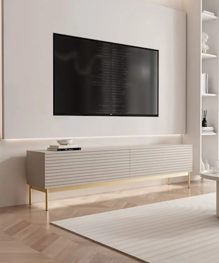 Szafka RTV Linearis z dwoma uchylnymi schowkami i oświetleniem LED 175 cm kaszmir na złotych nóżkach