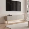 Szafka RTV Linearis z dwoma uchylnymi schowkami i oświetleniem LED 139 cm kaszmir na złotych nóżkach