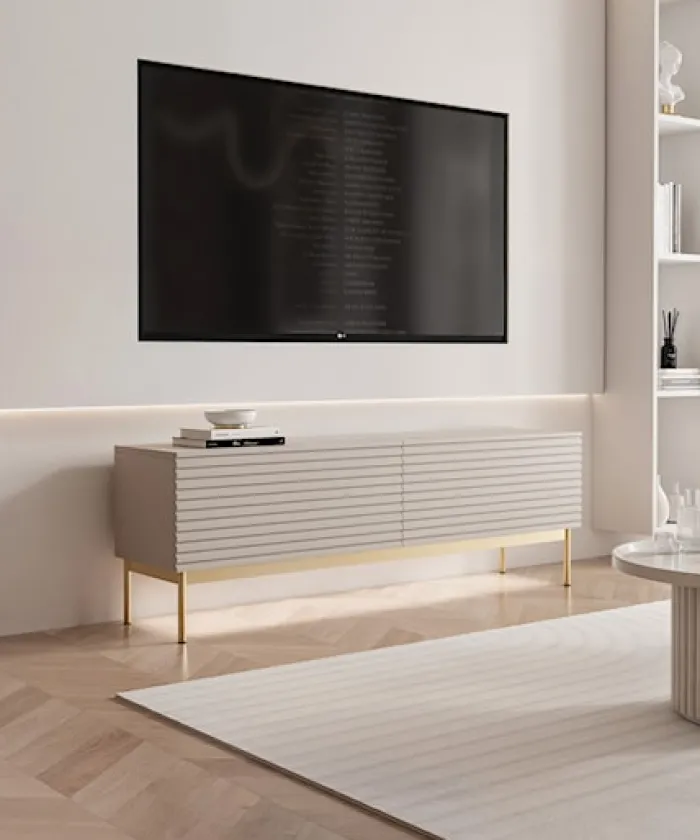 Szafka RTV Linearis z dwoma uchylnymi schowkami i oświetleniem LED 139 cm kaszmir na złotych nóżkach