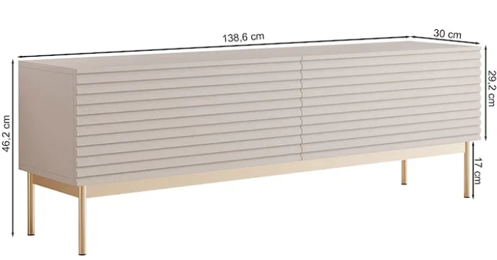 Szafka RTV Linearis z dwoma uchylnymi schowkami i oświetleniem LED 139 cm kaszmir na złotych nóżkach