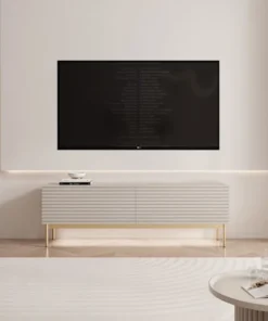 Szafka RTV Linearis z dwoma uchylnymi schowkami i oświetleniem LED 139 cm kaszmir na złotych nóżkach