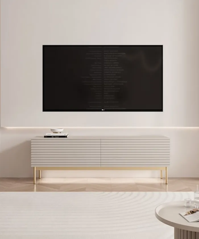 Szafka RTV Linearis z dwoma uchylnymi schowkami i oświetleniem LED 139 cm kaszmir na złotych nóżkach